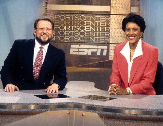 Roberts at the SportsCenter anchor deck, with Charley Steiner